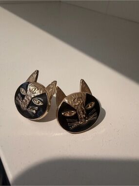 CHANEL Black and Gold Cat Face Earrings